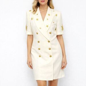 Vintage DJ Summers Women Cream Shift Dress Size 12 Gold Buttons Padded Shoulders